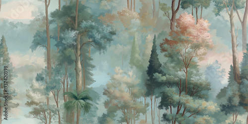 Serene ethereal forest landscape with misty trees in soft pastel tones for design, textiles, wall art, home decor, and calming background wallpapers