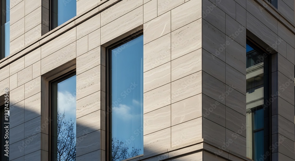 Obraz premium Modern building with large windows reflecting the sky and surroundings
