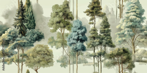 Evergreen pine forest with tall trees and lush greenery in a vintage botanical style for design, textiles, wallpapers, and eco-friendly branding