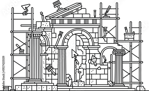Restoration process of historical building architecture in vector style