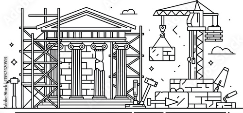 Restoration process of historical building architecture in vector style