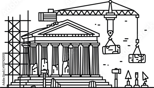 Restoration process of historical building architecture in vector style