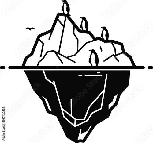 Penguin colony on iceberg in Antarctic landscape vector illustration