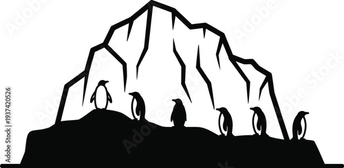 Penguin colony on iceberg in Antarctic landscape vector illustration