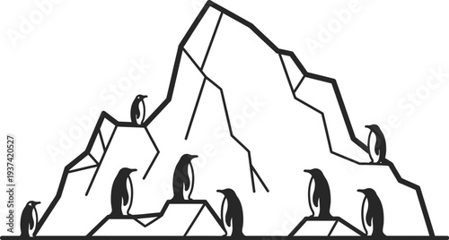 Penguin colony on iceberg in Antarctic landscape vector illustration