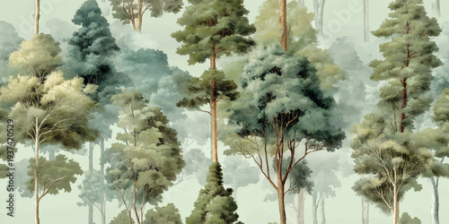 Evergreen pine forest with tall trees and lush greenery in a vintage botanical style for design, textiles, wallpapers, and eco-friendly branding
