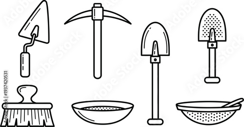 Archaeological excavation tool icons in flat design style