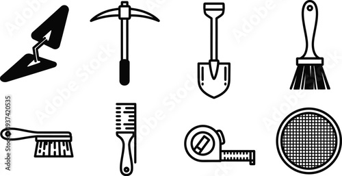 Archaeological excavation tool icons in flat design style