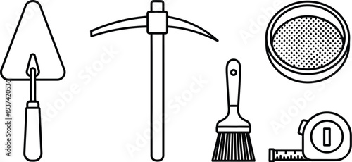 Archaeological excavation tool icons in flat design style