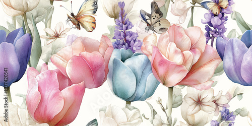 Vibrant spring tulip garden with colorful butterflies and lavender flowers for design, textiles, floral packaging, and bright feminine wallpapers