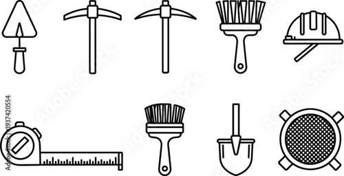 Archaeological excavation tool icons in flat design style