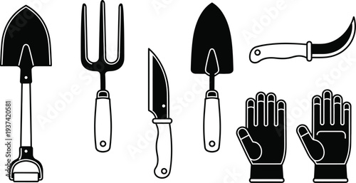 Gardening tools and carrot harvesting equipment vector icon set