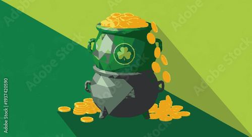 Green cauldron overflowing with gold coins shamrock emblem dark shadow vibrant green background festive atmosphere luck symbol wealth
