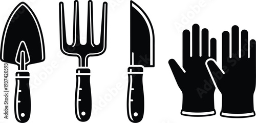Gardening tools and carrot harvesting equipment vector icon set