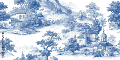 Traditional blue toile de jouy landscape featuring rural houses and rolling hills for design, textiles, classic home decor, and luxury wallpapers