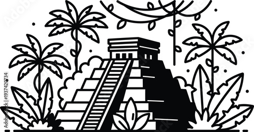 Mayan pyramid in a lush tropical jungle vector illustration