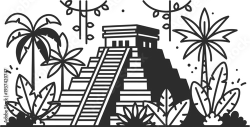Mayan pyramid in a lush tropical jungle vector illustration