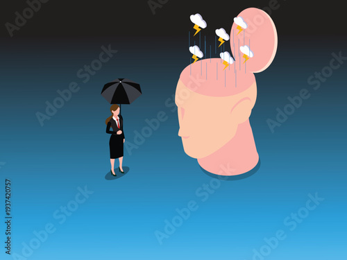 Mental Health Concept: Businesswoman with Umbrella Facing Stormy Thoughts in an Open Mind 3d isometric vector illustration