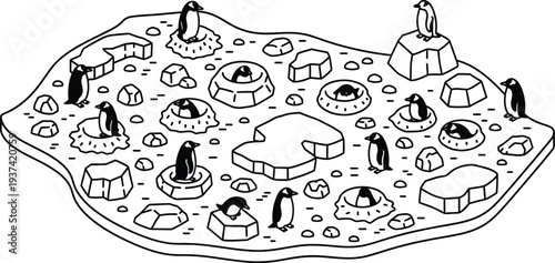 Isometric vector map of gentoo penguin colony landscape