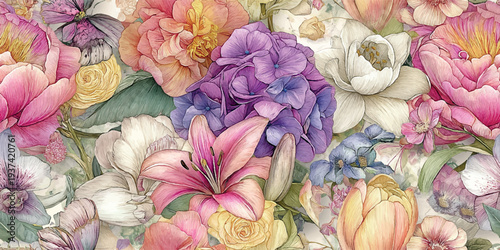 Lush colorful garden bouquet with vibrant roses, lilies, and spring blossoms for design, textiles, floral packaging, romantic stationery, and home decor wallpapers