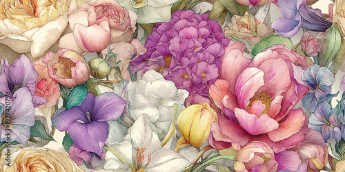 Lush colorful garden bouquet with vibrant roses, lilies, and spring blossoms for design, textiles, floral packaging, romantic stationery, and home decor wallpapers