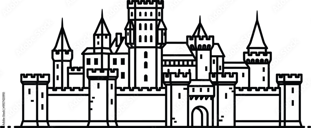 Naklejka premium Medieval castle fortification architectural drawing plan on parchment