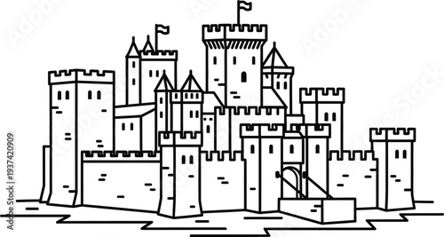 Medieval castle fortification architectural drawing plan on parchment