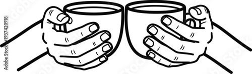 Hands holding tea mugs minimalist line art drawing concept