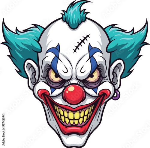 Creepy clown head mascot illustration, evil carnival character with sinister smile, colorful hair, horror themed cartoon vector design