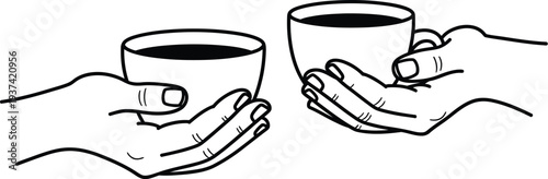 Hands holding tea mugs minimalist line art drawing concept