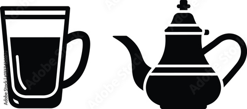 Moroccan mint tea glass and teapot vector icon set