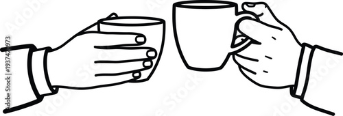 Hands holding tea mugs minimalist line art drawing concept