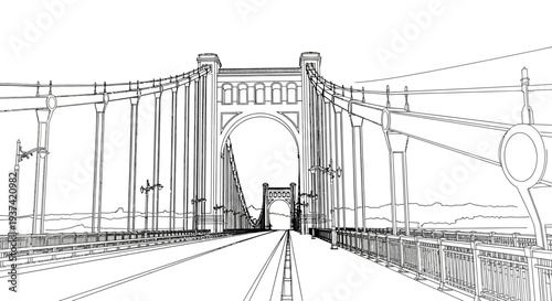 Detailed line art perspective of a suspension bridge with grand archway. Architectural vector drawing representing engineering and infrastructure.