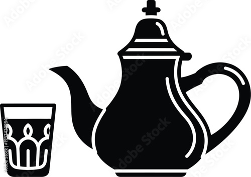 Moroccan mint tea glass and teapot vector icon set