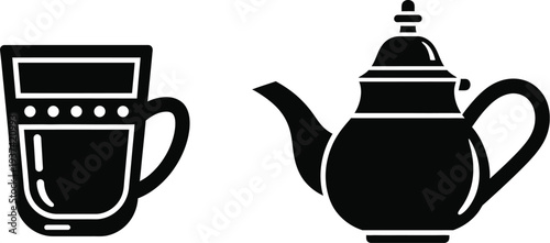 Moroccan mint tea glass and teapot vector icon set
