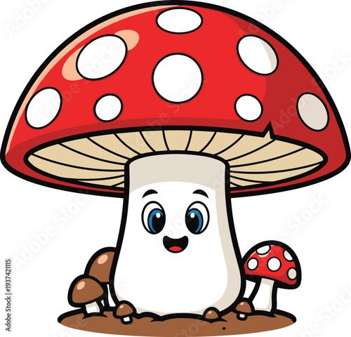 Cute cartoon mushroom character illustration, smiling toadstool with red cap and spots, playful nature mascot vector for kids