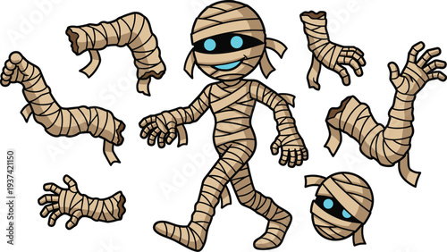 Cute cartoon mummy character set with detachable parts, funny Halloween monster illustration, spooky mascot isolated for design use