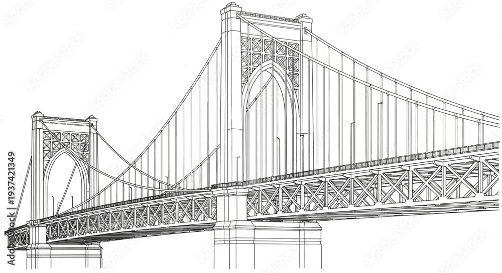 Fototapeta premium Detailed line art vector illustration of a grand suspension bridge, showcasing architectural engineering and structural design on white.