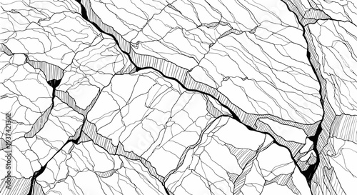 Detailed Black and White Line Art of Cracked Ground Texture. Abstract Graphic Pattern of Fractured Earth or Ice Surface