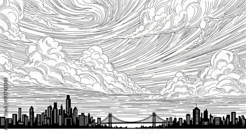 Dynamic black and white graphic illustration of a generic city skyline with modern buildings and a bridge under a dramatic swirling cloudscape