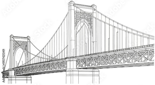 Detailed line art vector illustration of a grand suspension bridge, showcasing architectural engineering and structural design on white.