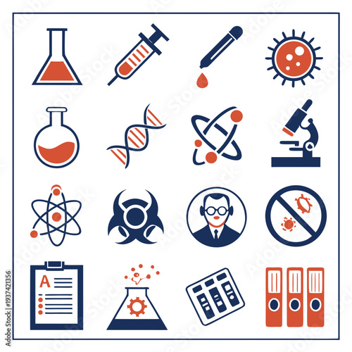 Flat icon set of science and laboratory symbols including beakers syringes dna atoms and microscopes on white background