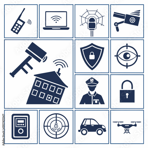 Collection of 24 flat security icons featuring surveillance protection and safety symbols on a white background with blue accents