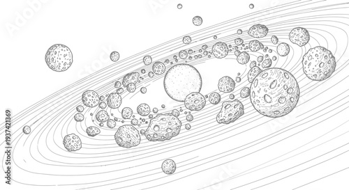 Detailed hand-drawn illustration of an asteroid belt or cosmic ring system orbiting a central celestial body in deep space.