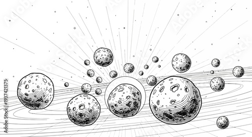 Hand-drawn cosmic illustration of planets and moons orbiting in a starry universe, celestial bodies and space exploration concept sketch.