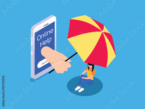 online help and digital support: A hand emerging from a smartphone holding a colorful umbrella over a person to provide protection and mental health assistance 3d isometric vector illustration
