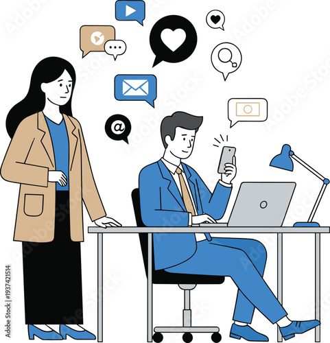 Digital communication overload in workplace, employee distracted by smartphone notifications during office work, productivity challenge and modern technology dependence concept