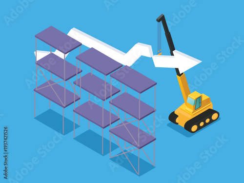 Yellow Crane Lifting a Large Upward Arrow Over Warehouse Racks, Business Growth and Logistics Optimization 3d isometric vector illustration