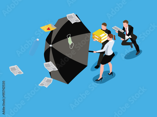 Business Team Using Large Umbrella for Protection Against Financial Crisis and Information Overload 3d isometric vector illustration
