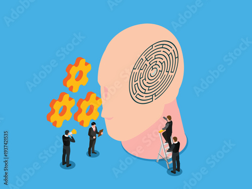 business team analyzing human mind and psychology with maze, gears and brain metaphors 3d isometric vector illustration